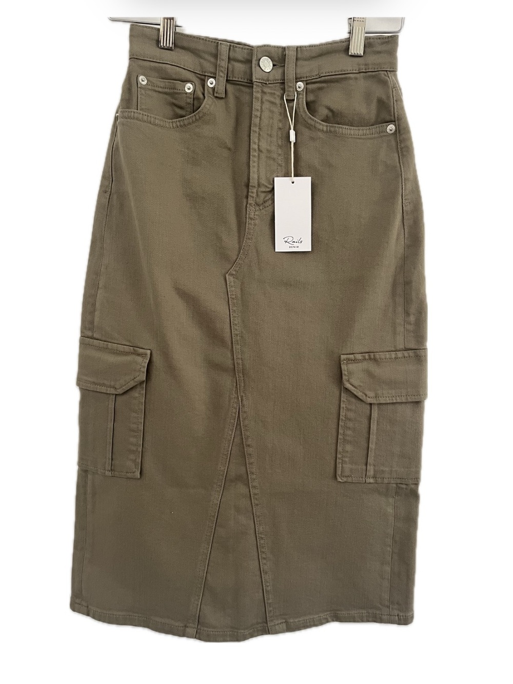 Rails Highland Cargo Denim Midi Skirt Washed Olive Green Size 23 NEW